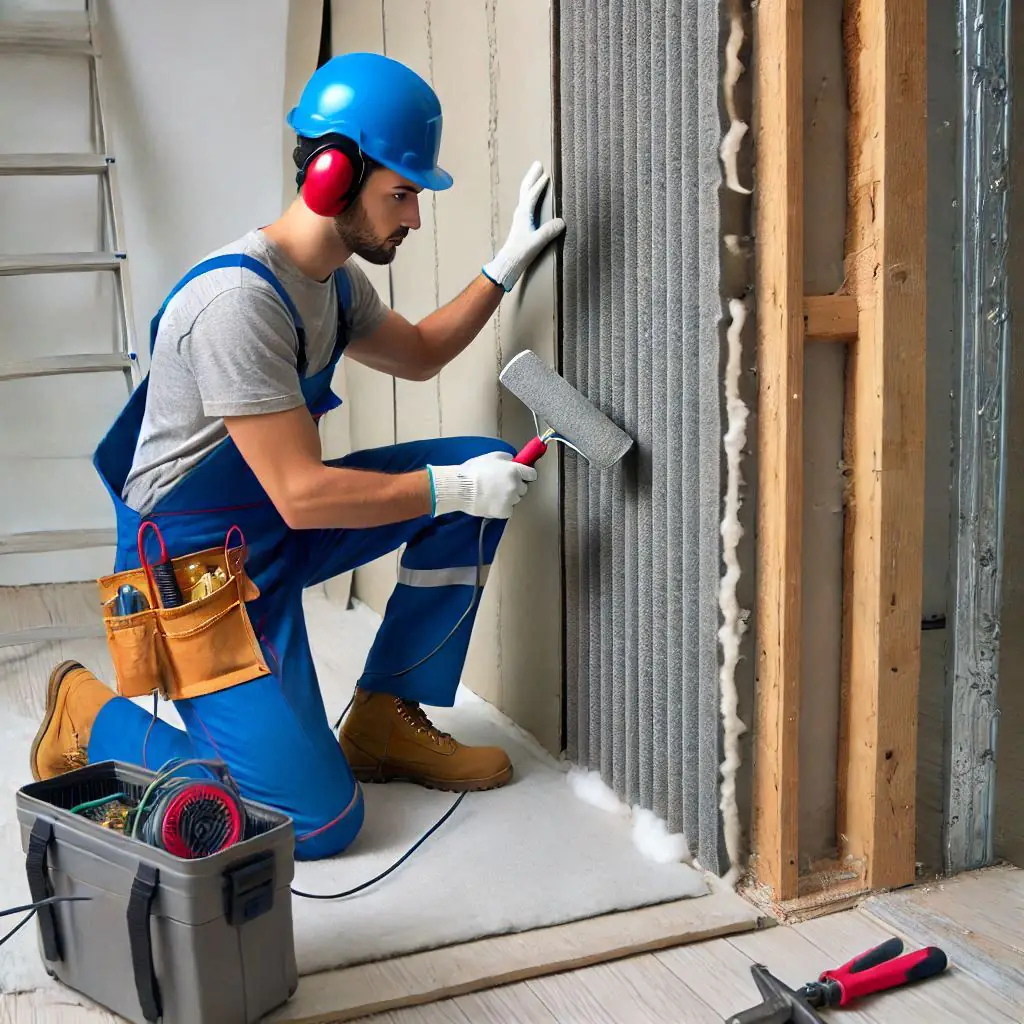 فني يرتدي ملابس عمل يقوم بتركيب المواد العازلة على الجدران والأبواب في غرفة نوم.